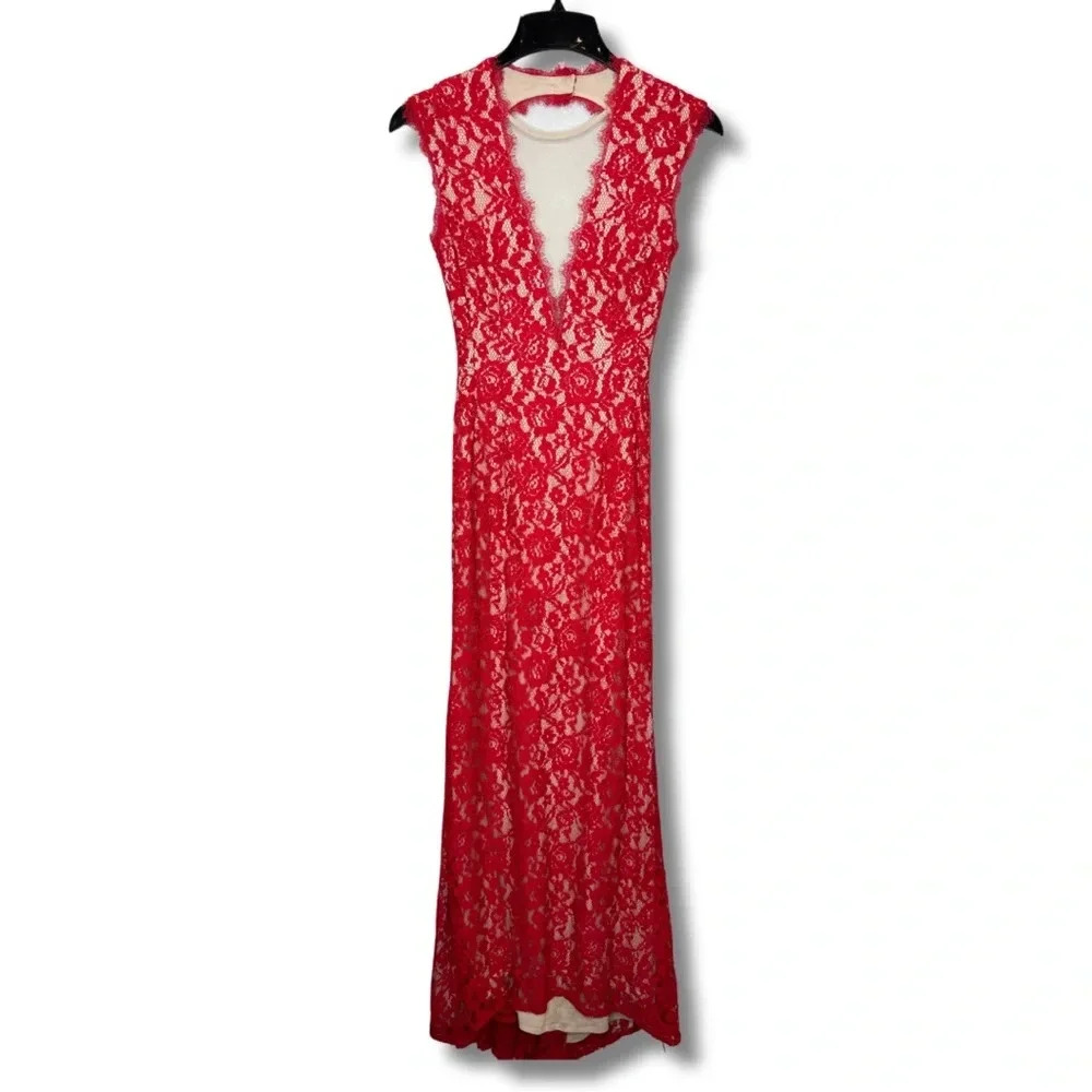 Aidan Mattox Floral Lace Mesh Deep V-Neck‎ Maxi Dress Size 2  Regency-core